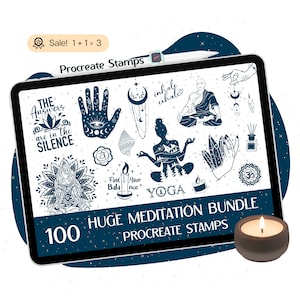 May include: A digital tablet screen displaying 100 Procreate stamps with a blue and white color scheme. The stamps feature various meditation-themed designs, including yoga poses, crystals, candles, and inspirational quotes. The text "100 HUGE MEDITATION BUNDLE PROCREATE STAMPS" is displayed on the screen.