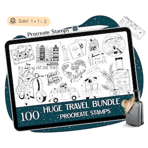 100 TIMBRI Procreate da viaggio, Segnali di viaggio, TIMBRI Procreate da viaggio, Timbri da viaggio per ragazze, PENNELLI Procreate estivi, Procreate Doodle, Tatuaggio