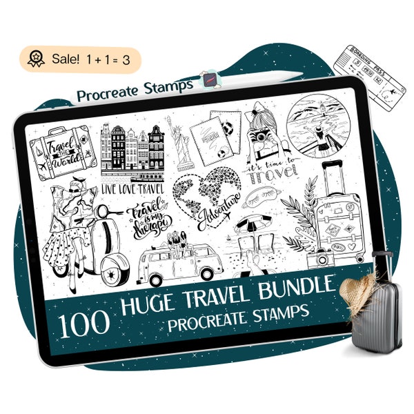 100 Travel Procreate STAMPS, Travel Signs, Journey Procreate STAMPS, Girls Trip Stamps, Summer Procreate BRUSHES, Procreate Doodle, Tattoo