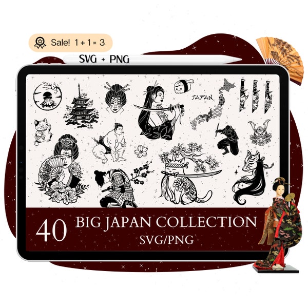 Lot de 40 gros fichiers SVG japonais, SVG du Japon, fichier Japon pour Cricut, masque Kitsune, Geisha, Sakura, Ninja svg, Japon Clipart PNG Tshirt Silhouette