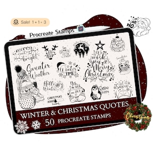 May include: A digital illustration of 50 Procreate stamps featuring winter and Christmas quotes. The stamps are black and white and include phrases like "Merry and Bright", "Sweater Weather", "Winter Wonderland", and "Let it Snow".