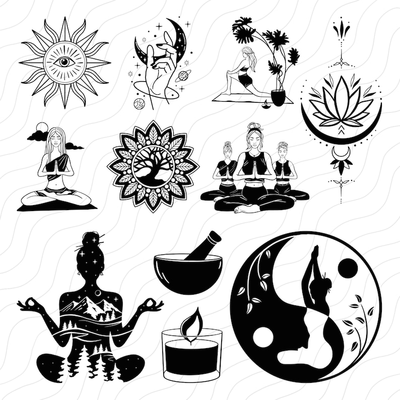 Pu&ograve; includere: Un set di illustrazioni in bianco e nero che rappresentano pose di yoga, un fiore di loto, un sole con un occhio, una mano con una luna crescente, un mandala dell'albero della vita, un mortaio e un pestello, una candela e un simbolo yin yang con una posa di yoga.