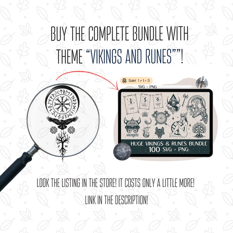 May include: A digital illustration of a Viking and runes bundle. The bundle includes 100 SVG and PNG files. The image shows a variety of Viking and rune designs, including a Viking helmet, a ship, a wolf, and a tree of life. The text "HUGE VIKINGS & RUNES BUNDLE 100 SVG + PNG" is displayed on the image.