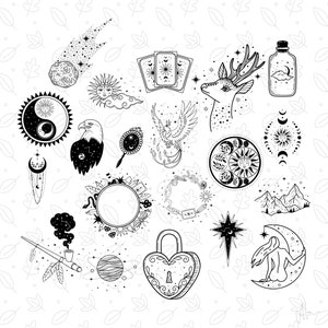 May include: Black and white illustrations of various mystical and celestial symbols, including a deer, a phoenix, a crescent moon, a sun, a heart-shaped lock, a pipe, a bottle, a mirror, a compass, a mountain range, a yin yang symbol, a set of tarot cards, and a wreath of flowers.
