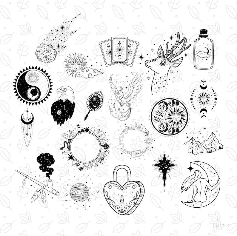 May include: Black and white illustrations of various mystical and celestial symbols, including a deer, a phoenix, a crescent moon, a sun, a heart-shaped lock, a pipe, a bottle, a mirror, a compass, a mountain range, a yin yang symbol, a set of tarot cards, and a wreath of flowers.