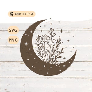 Flor selvagem Lua SVG PNG, Lua SVG, Flores silvestres svg, Celestial Svg, Espaço Svg, Boho svg, Mystical Svg, Camisa de lua, Tatuagem, Arquivo de corte, Clipart