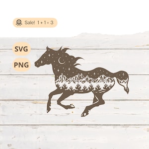 Bergpferd SVG PNG, Pferd SVG, Pferdeliebhaber Shirt, Tattoo, Sterne svg, spirituelle svg, Galaxy svg, Cut-Datei, Clipart, Cricut, Berge svg