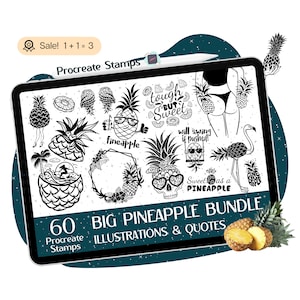 May include: A digital illustration set of 60 black and white pineapple designs. The set includes pineapple illustrations, quotes, and a skull with sunglasses. The text on the image reads "60 BIG PINEAPPLE BUNDLE Procreate ILLUSTRATIONS & QUOTES".