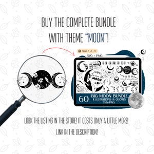 Op de afbeelding: Een digitale illustratie van een maanbundel met 60 illustraties en citaten. De bundel bevat een verscheidenheid aan maanfasen, sterren en hemelse ontwerpen. De tekst "Big Moon Bundle" wordt in het midden van de afbeelding weergegeven. De tekst "60 Illustrations & Quotes SVG/PNG" wordt onder de titel weergegeven.