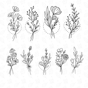 May include: A set of eight black and white line drawings of different floral bouquets. Each bouquet is composed of simple, stylized flowers and leaves.