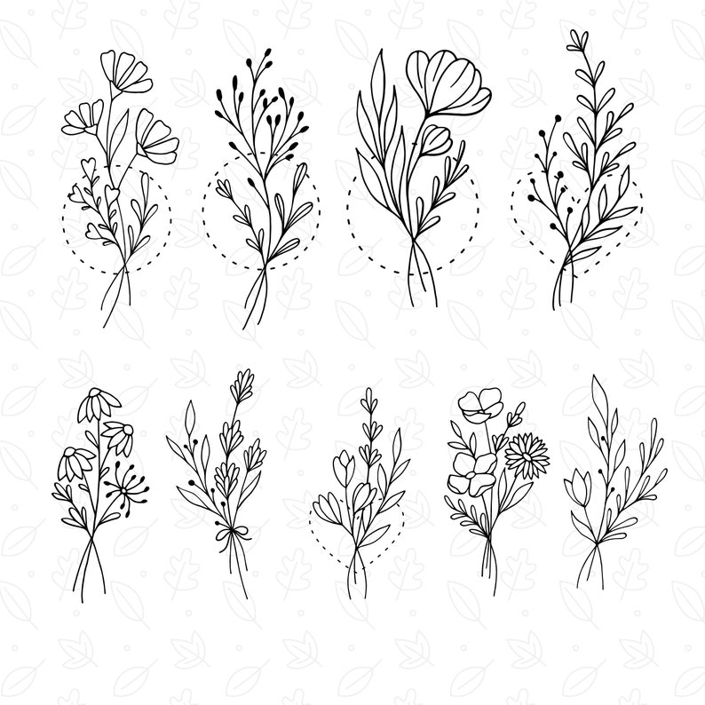 May include: A set of eight black and white line drawings of different floral bouquets. Each bouquet is composed of simple, stylized flowers and leaves.