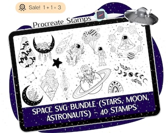 May include: A digital illustration of 40 space-themed stamps for use in the Procreate app. The stamps include astronauts, planets, stars, moons, comets, and other celestial objects. The text "SPACE SVG BUNDLE (STARS, MOON, ASTRONAUTS) - 40 STAMPS" is at the bottom of the image.