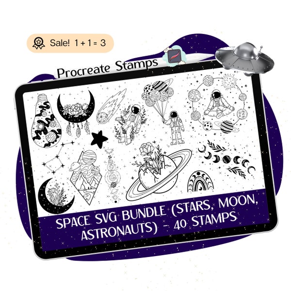 Outer Space Procreate STAMPS, 40 Space Procreate brushes, Celestial STAMPS, Astronaut, Phase Moon, Planet Clipart, Procreate tattoos doodle
