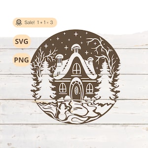 Maison dans la forêt d'hiver PNG SVG, svg maison, hiver, svg forêt, paysage, Svg nuit, svg Home Sweet Home, PNG, tatouage, chemise
