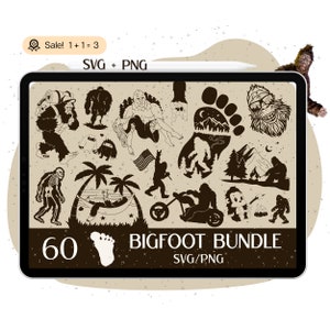 Paquete de 60 divertidos SVG de Bigfoot, SVG de Bigfoot, archivo de corte de Bigfoot, svg de Sasquatch, svg de Yeti, svg de caza, svg de campamento, svg de montaña PNG, camiseta