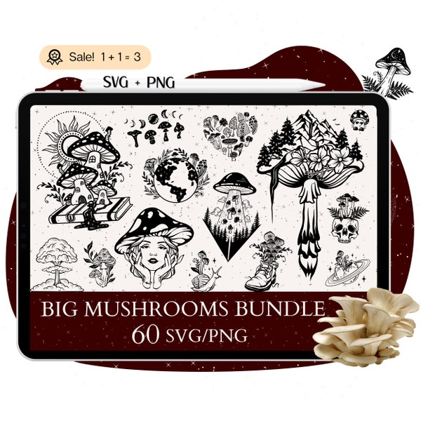 60 Mystical Mushrooms SVG Bundle, Mushroom SVG, Witch Svg, Mystical Svg, Celestial Svg, Mushroom File for Cricut, PNG Shirt Silhouette