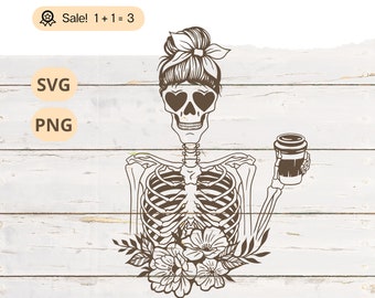 Skeleton Coffee SVG, Halloween Cricut File, Tattoo Clipart (PNG)