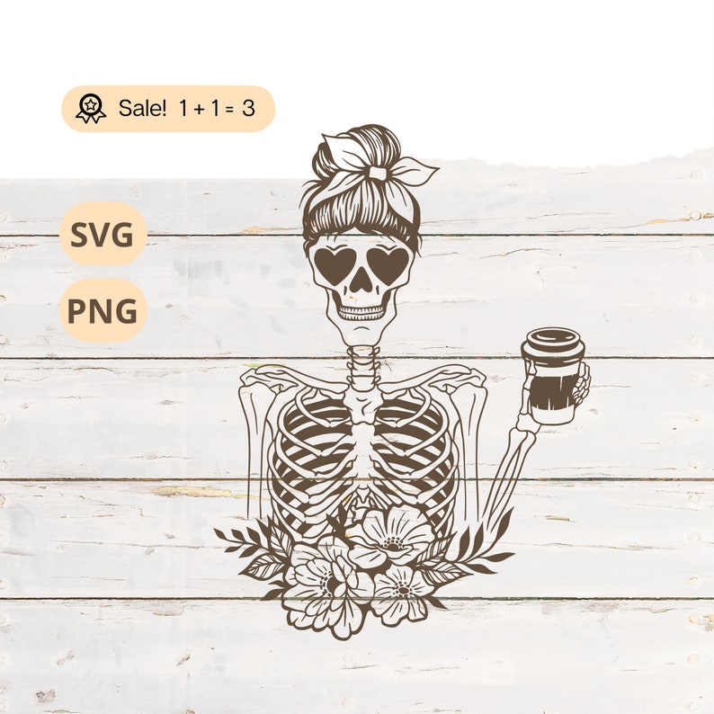 Skeleton Coffee SVG, Halloween Cricut File, Tattoo Clipart (PNG) image 1