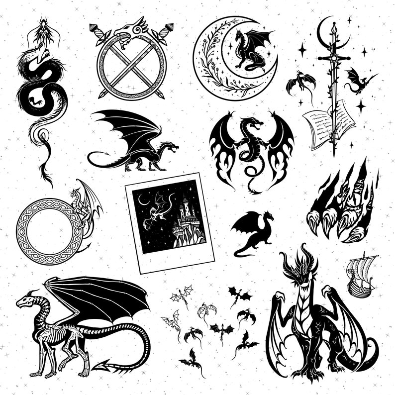 Op de afbeelding: Zwart-wit illustraties van draken in verschillende poses, waaronder vliegen, opgerold en met uitgespreide vleugels. Sommige illustraties bevatten een halve maan, een zwaard en een boek. De illustraties bevinden zich op een witte achtergrond met een subtiele gespikkelde textuur.