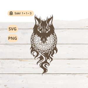 バイキングのルーン文字をもった狼 SVG PNG、バイキング svg、狼 svg、バイキングのルーン文字 SVG、ケルト svg、北欧 svg、狼のタトゥー、クリップアート、Png、シャツ、シルエット