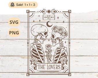 Skeleton Lovers Tarot Card, Skull Tattoo Design (SVG, PNG)