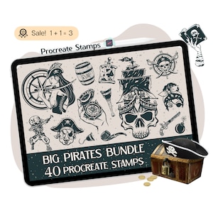 40 Pirate Procreate STAMPS, Pirate Procreate BRUSHES, Skull STAMPS, Skeleton Brushes, Pirate Ship, Pirates Clipart Tattoo Doodle Brush Stamp