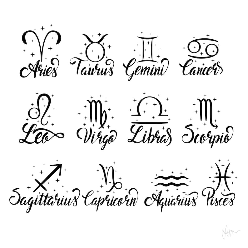 May include: Black and white illustration of the 12 zodiac signs with their names written in cursive script. The signs are arranged in three rows of four. Each sign is surrounded by small stars.