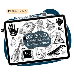 ZNACZKI Boho Procreate, 200 ZNACZKÓW Boho Procreate, ZNACZKI Celestial, Mistyczny pędzel Procreate, Księżyc, Clipart Hippie, Doodle tatuażu Procreate