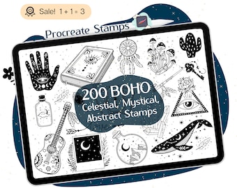 Boho Procreate TIMBRES, 200 TIMBRES Boho Procreate, TIMBRES célestes, pinceau procreate mystique, lune, clipart hippie, doodle tatouage procréer