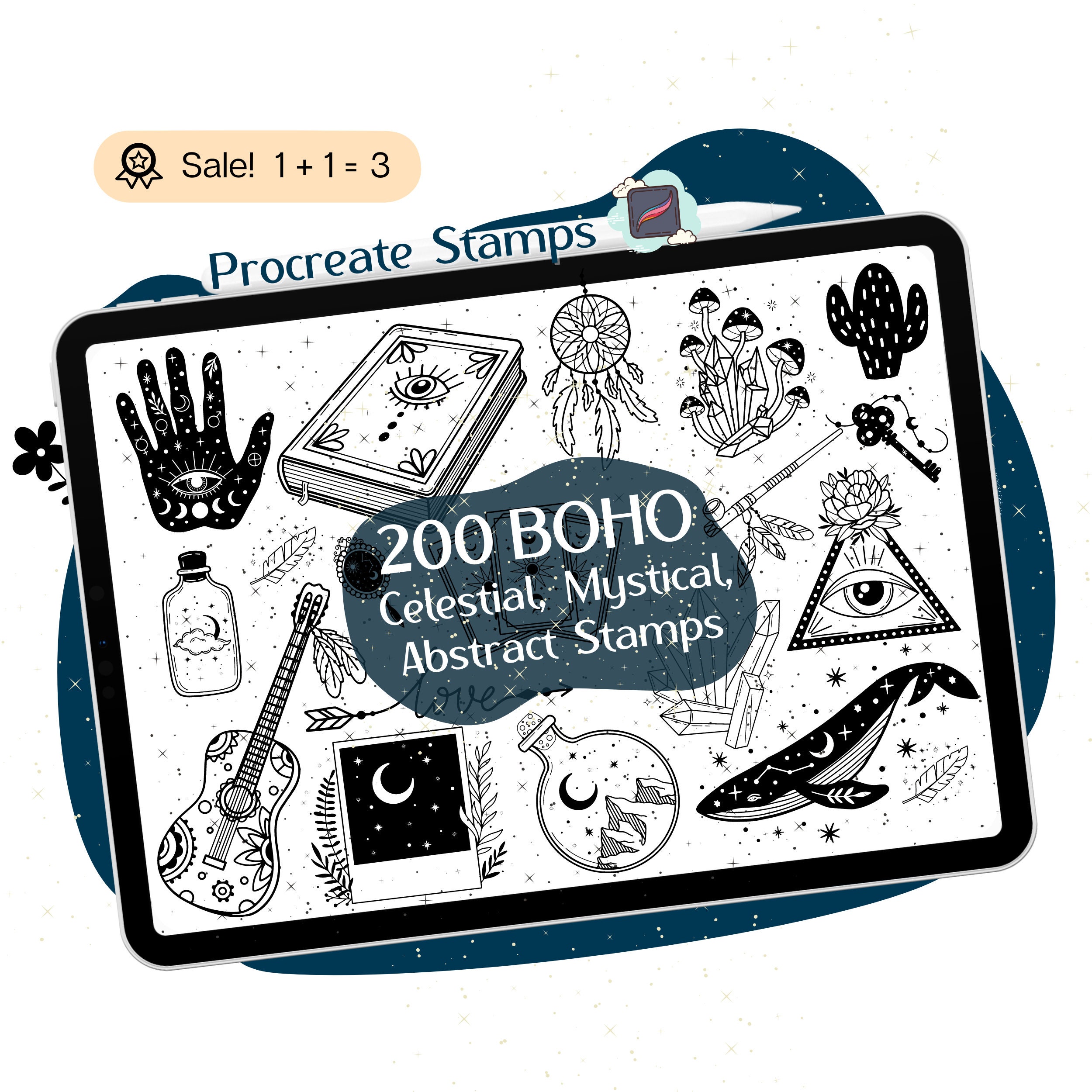 Boho & Celestial Procreate Stamps – 200+ Mystical, Abstract & Moon Tattoo Doodles