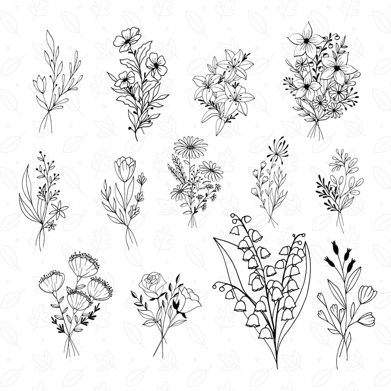 May include: A set of 12 black and white line drawings of various floral bouquets. The bouquets feature different types of flowers, including lilies, daisies, and roses.