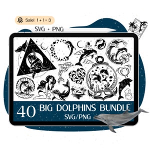 Lot de 40 dauphins mignons SVG, SVG dauphins, dauphins pour Cricut, svg palmier, poisson svg, svg océan, dauphin PNG, tshirt Clipart Silhouette