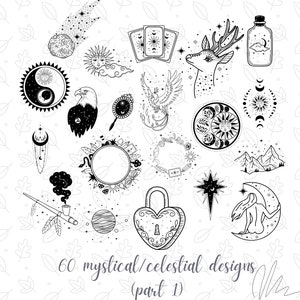 Pu&ograve; includere: Illustrazioni in bianco e nero di disegni mistici e celesti. L'immagine include una cometa, un sole, carte dei tarocchi, un cervo, una bottiglia, un simbolo yin-yang, un'aquila, uno specchio, una fenice, una luna, montagne, una stella e un lucchetto a forma di cuore. Testo: "60 disegni mistici/celesti (parte 1)".
