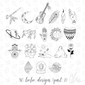 Pu&ograve; includere: Illustrazioni in bianco e nero di disegni a tema boho. L'immagine include una chitarra, una luna crescente, una mano, un sole e altri elementi decorativi. Il testo "80 boho designs (parte 1)" &egrave; in basso.