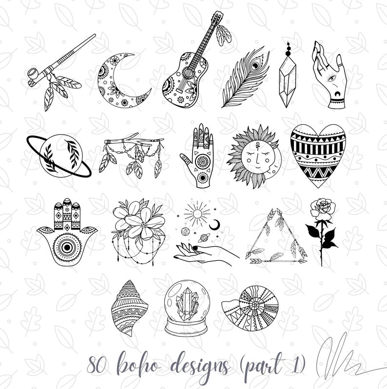 Pu&ograve; includere: Illustrazioni in bianco e nero di disegni a tema boho. L'immagine include una chitarra, una luna crescente, una mano, un sole e altri elementi decorativi. Il testo "80 boho designs (parte 1)" &egrave; in basso.