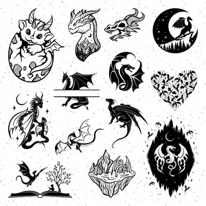 Op de afbeelding: Een set van 12 zwart-wit illustraties met draken in verschillende poses en omgevingen. De illustraties bevatten draken die vliegen, slapen, een hart vasthouden en een boek lezen.