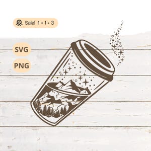 May include: A brown silhouette of a to-go coffee cup with a mountain range and stars inside. The cup is tilted and a trail of stars is coming out of the top.