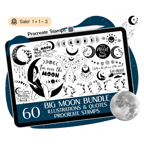 60 Moon Procreate STAMPS, Moon Quotes STAMPS, Moon BRUSHES, Moon Phase Stamps, Stars Stamp, Triple moon, Celestial, Mystical, Doodle, Tattoo