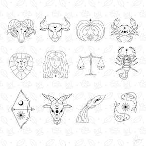 May include: Black and white line art illustrations of the 12 zodiac signs. Each sign is depicted with a unique symbol and celestial elements.