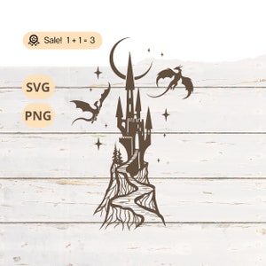 May include: A black silhouette of a castle on a cliff with a winding path leading up to it. Two dragons fly in the sky above the castle, and a crescent moon hangs in the air. Stars are scattered throughout the image.