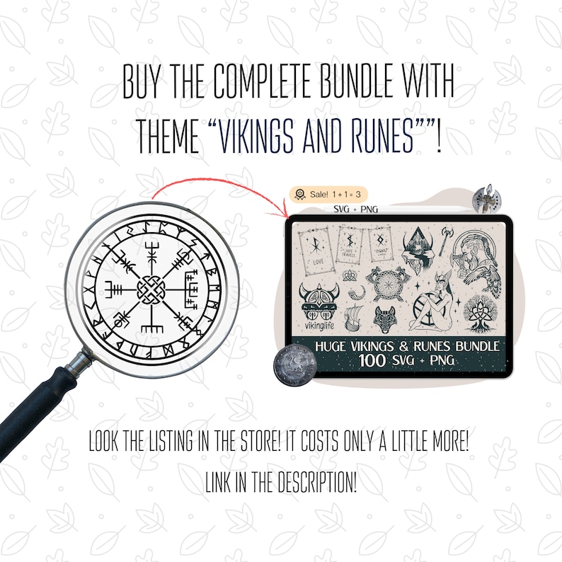 May include: A digital illustration of a Viking and runes bundle. The bundle includes 100 SVG and PNG files. The image shows a variety of Viking and rune designs, including a compass, a wolf, a ship, and a tree of life. The text "HUGE VIKINGS & RUNES BUNDLE 100 SVG + PNG" is displayed on the image.