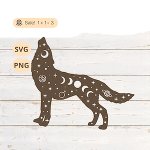Celestial Wolf SVG PNG, Celestial SVG, Wolf Svg, maanstanden Svg, ruimte svg, Galaxy svg, sterren svg, Wolf shirt, tatoeage, png, clipart