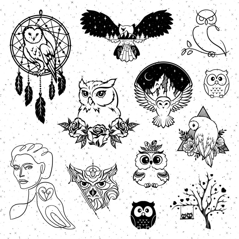 Może przedstawiać: Kolekcja czarno-białych ilustracji s&oacute;w. Sowy są przedstawione w r&oacute;żnych pozach, w tym w locie, na gałęzi i w łapaczach sn&oacute;w. Niekt&oacute;re sowy mają kwiatowe akcenty, podczas gdy inne mają gwiazdy i księżyce.