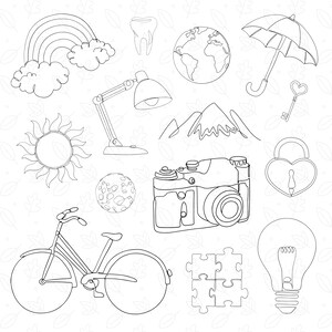 May include: A black and white line drawing of various objects, including a rainbow, a tooth, a globe, an umbrella, a lamp, a mountain, a sun, a moon, a camera, a bicycle, a puzzle, and a light bulb.