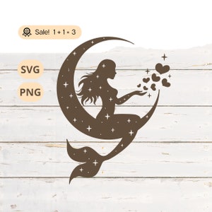 Mermaid on the Moon SVG PNG, Moon SVG, Mermaid svg, Nautical svg, Celestial Svg, Mermaid Tattoo, Clipart, Shirt, Silhouette, Commercial Use