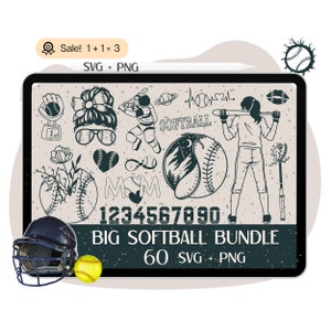 60 grote softbal SVG-bundel, softbal SVG, softbalbestand voor Cricut, softbal moeder, honkbal moeder, meisjes softbal svg, honkbal svg png tshirt