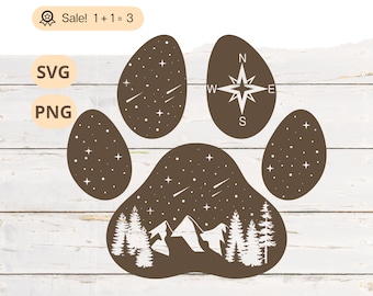 Paw Print Mountain Scene SVG PNG, Hiking Camping Adventure