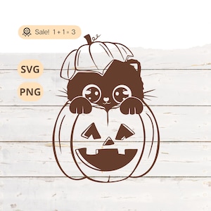 May include: A black cat with large eyes peeking out of a brown pumpkin with a carved jack-o'-lantern face. The cat is wearing a pumpkin hat.