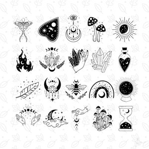 May include: A set of 20 black and white illustrations featuring various mystical and occult symbols, including moons, crystals, mushrooms, a moth, a bee, a flame, a hand, a feather, a sun, a bottle, a crescent moon, a cloud, an hourglass, and a crystal ball.