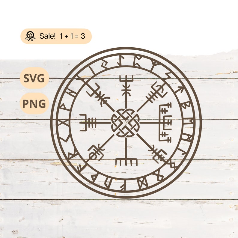 May include: A black and white line drawing of a Vegvisir, a Norse compass symbol, on a white wooden background. The symbol is surrounded by a circle of runes.